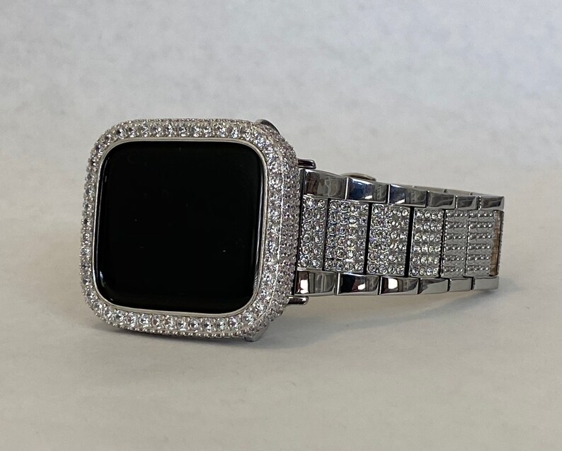 Designer Apple Watch Band Womens Silver & or Apple Watch Cover Lab Diamond Bezel Case Bling 38mm 40mm 41mm 42mm 44mm 45mm 49mm Ultra Bling image 5