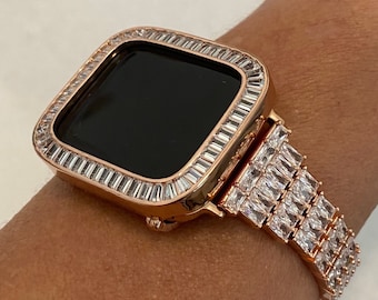 Series 2-9 Apple Watch Band Rose Gold Baguette Swarovski Crystals & or Apple Watch Case Lab Diamond Bezel Apple WatchCover 38mm-45mm Bling