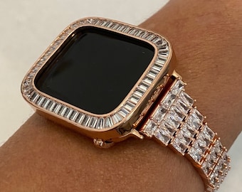 Series 2-9 Apple Watch Band Rose Gold Baguette  Crystals & or Apple Watch Case Lab Diamond Bezel Apple WatchCover 38mm-45mm Bling