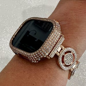 Ultra Apple Watch Band 49mm Rose Gold Pave Swarovski Crystals & or Apple Watch Cover Case Smartwatch Bumper Bling Series 9 Apple Watch Face