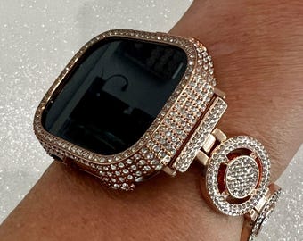 Ultra Apple Watch Band 49mm Rose Gold Pave Swarovski Crystals & or Apple Watch Cover Case Smartwatch Bumper Bling Series 9 Apple Watch Face