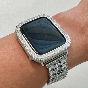 White Gold Apple Watch Band Silver Woman Swarovski Crystal Bracelet & Or Apple Watch Case Lab Diamond Bezel Iphone Watch Cover 38mm-49mm