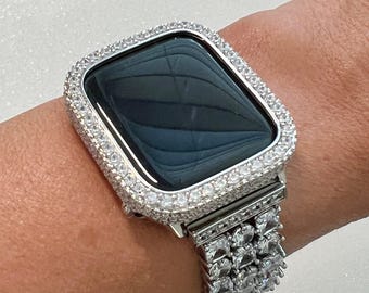 White Gold Apple Watch Band Silver Woman Swarovski Crystal Bracelet & Or Apple Watch Case Lab Diamond Bezel Iphone Watch Cover 38mm-49mm