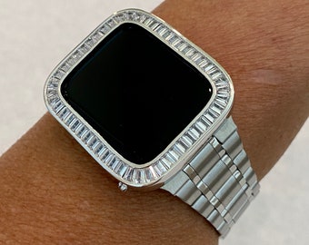Silver Apple Watch Band 38mm 40mm 42mm 44mm Stainless Steel Ultra Thin & or Baguette Lab Diamond Bezel Cover Bling