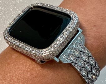 Pave Apple Watch Band Silver Swarovski Crystals 38mm-49mm Ultra & or Apple Watch Cover Lab Diamond Bezel Apple Watch Case Series 10