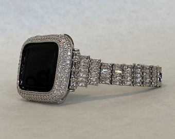 Custom Apple Watch Band Silver Swarovski Crystals & or Apple Watch Cover Lab Diamond Bezel Apple Watch Case Iwatch Candy Bling 38mm-49mm