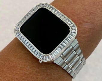 Apple Watch Band Silver Stainless Steel 38mm 40mm 41mm 42mm 44mm 45mm & or Apple Watch Cover Lab Diamond Bezel Bling Series 2-9 SE