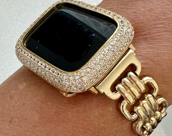 Minimalist Gold Designer Apple Watch Band Link Bracelet, Iphone Watch Band & or Apple Watch Case Baguette Lab Diamonds Iwatch Phone Cover