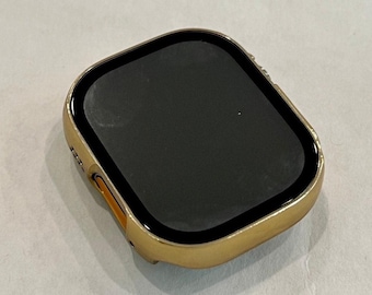 Series 10 Yellow Gold Apple Watch Case with Tempered Glass Screen Protector Glossy Black Protective Iphone Watch Cover Bezel 49mm Ultra