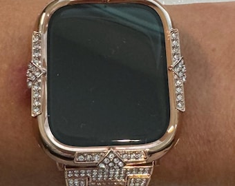 Series 10-11 Rose Gold Apple Watch Cover Screen Protector Women Swarovski Crystal Apple Watch Case 40-46mm Tempered Glass Iphone Watch Case