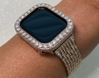 Apple Watch Band Women Rose Gold Swarovski Crystals & or Apple Watch Case 3.5mm Lab Diamond Bezel Iphone Watch Cover Iwatch Candy 38mm-45mm
