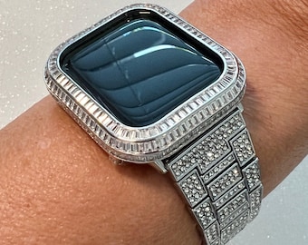 Luxury Apple Watch Band Silver Pave Swarovski Crystal & or Apple Watch Case Baguette Lab Diamond Bezel Cover Iwatch Candy Bling, Iphone case