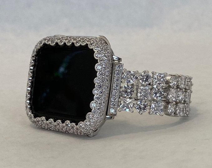 Featured listing image: Apple Watch Band Women Silver Swarovski Crystal & or Apple Watch Case Lab Diamond Bezel Apple Watch Cover Iwatch Candy Bling 38mm-49mm Ultra