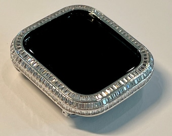 Series 7-9 Silver Apple Watch Bezel Cover 40mm 41mm 44mm 45mm with 3 Rows of Lab Diamond Baguettes Smartwatch Case Bumper Bling