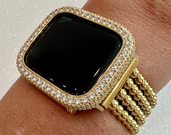 Gold Apple Watch Band Women Four Row Beaded 38mm-49mm Ultra, Iwatch Phone band & or Apple Watch Case Lab Diamond Bezel Cover Gift