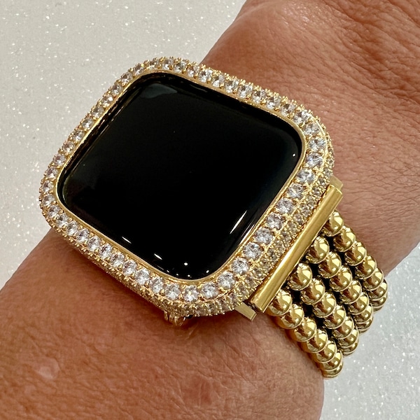 Gold Apple Watch Band Women Four Row Beaded 38mm-49mm Ultra, Iwatch Phone band & or Apple Watch Case Lab Diamond Bezel Cover Gift
