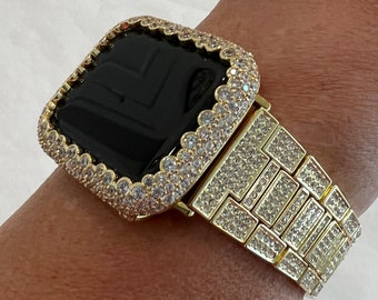Apple Watch Band Gold Pave Stainless Steel Swarovski Crystal & or Apple Watch Case Lab Diamond Smartwatch Apple Watch Cover Bling 38mm-49mm