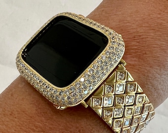 Apple Watch Band Women Gold Swarovski Crystals 38mm-49mm Ultra & or Apple Watch Cover Lab Diamond Bezel Smartwatch Case Bling Series 2-10 SE
