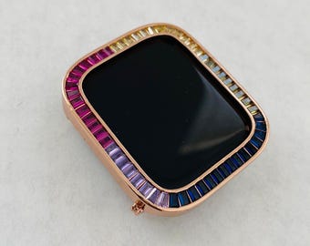 Apple Watch Case Womens Rainbow Lab Diamond Bezel Rose Gold Apple Watch Cover Iwatch Candy Bling 38mm-45mm Smartwatch Bumper Gift for Her