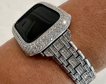 Silver Apple Watch Band Women  Crystal Bracelet & or Apple Watch Cover Lab Diamond Bezel Case 38 40 41 42 44 45 49mm Ultra