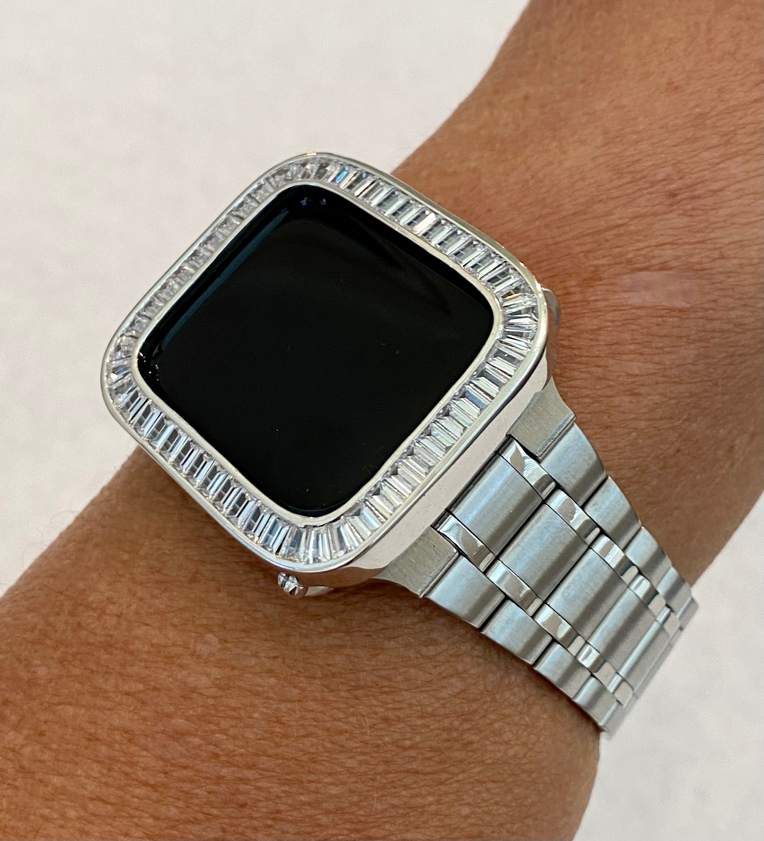 Apple Watch Band Silver Stainless Steel 38mm 40mm 41mm 42mm 44mm 45mm or Lab Diamond Bezel Cover Smartwatch Bumper Bling Series 2 9 SE