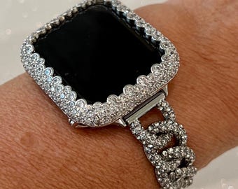 Chain Apple Watch Band Silver Bracelet Swarovski Crystals & or Apple Watch Cover Smartwatch Bumper Iwatch Candy Bling 38mm-49mm Ultra