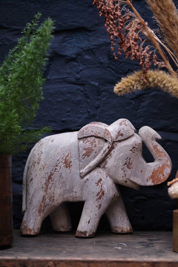 HAND CARVED ELEPHANT : Rustic wooden elephant statue / ornament made in India