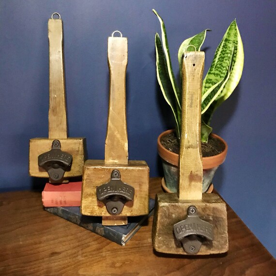 Beer Bottle Opener Mounted On A Vintage Wood Mallet Wall