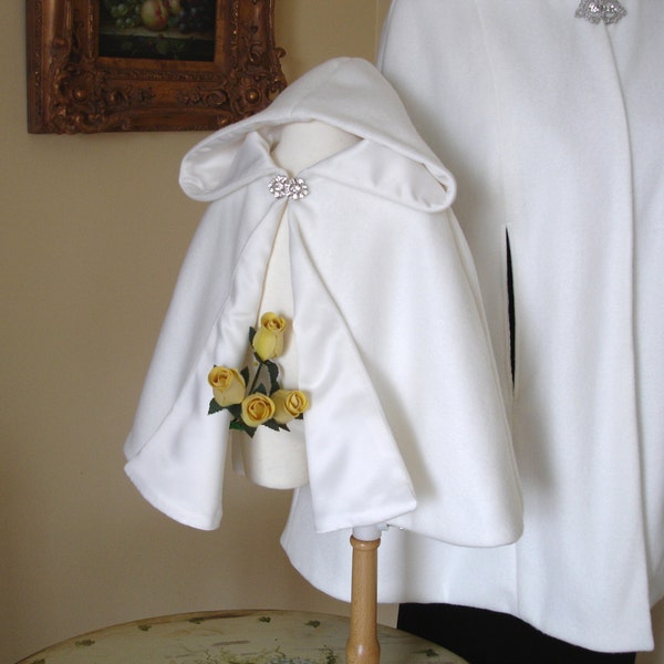 Hooded Flower Girl Bridal Cape Wedding Flowergirl, First Communion Cape, Short Fleece Girls Cloak,Satin Lining,Custom Made,Hand Made USA