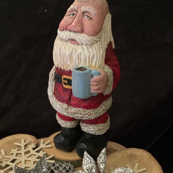 Santa Figure With Cup of Cocoa Wood Carving -24012- Hand Carved and Painted Wooden Santa Figure