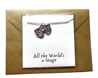 All the worlds a stage quote card jewellery gift, silver drama heads mask charm necklace OR keyring, theatre actor necklace