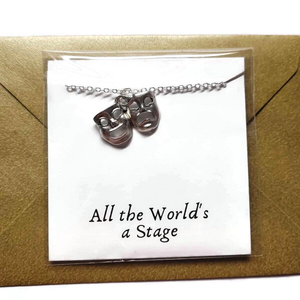 All the worlds a stage quote card jewellery gift, silver drama heads mask charm necklace OR keyring, theatre actor necklace