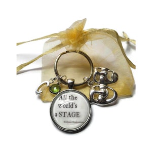 All the world's a stage 25mm handmade glass cabochon keyring, theatre stage actor drama student birthday Xmas present, drama heads keyring,