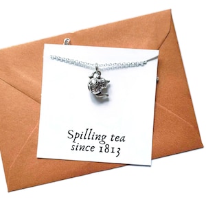 Spilling tea since 1813 silver TEAPOT charm necklace OR keyring gift, Whistledown themed novelty birthday Xmas present, book jewellery gift
