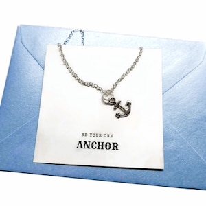 Be your own anchor quote card present, silver anchor charm necklace OR keyring birthday Xmas gift, beach sea positive jewellery