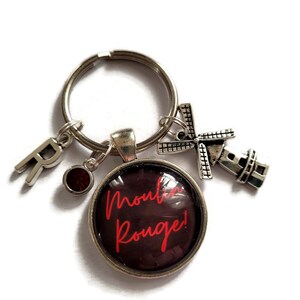 Moulin Rouge musical theatre themed 25mm handmade glass cabochon keyring gift, personalised gift add birthstone & initial