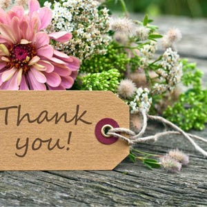 K&ouml;nnte beinhalten: Ein rechteckiges Geschenkanh&auml;nger aus beigem Papier mit dem in dunkelbrauner Schreibschrift gedruckten Text Thank you!. Der Anh&auml;nger hat eine weinrote &Ouml;se und eine naturfarbene Kordel und liegt vor einem Strau&szlig; aus rosa Zinnien und wei&szlig;en Bl&uuml;ten.
