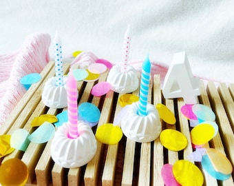 Mini Bundt cake | white Bundt cakes | candle holder for doll candles | puff cake | piece of cake | children's birthday decoration | birthday