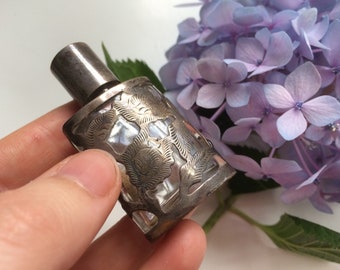 Sterling Perfume Bottle Vintage: Sterling silver Flowers & Foliage Over Art Glass. Maker's Mark. ALERT for Collectors. FREE shipping!