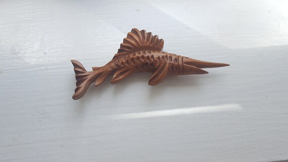 Jumping Sailfish Carved Wood Artisan Brooch. Late… - image 2