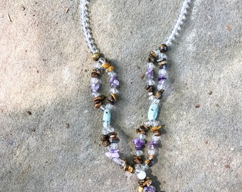 Hand-crafted 'Lotus Jasper' pendant/necklace: Tumbled amethysts, brown striated pebbles, clear beads. Luscious soft hues. FREE Ship w track.