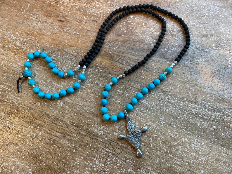 vintage silver pendant Tuareg Cross Beaded necklace