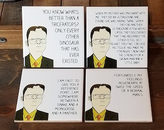 Dwight Schrute Cartoon Coasters | Set of 4 - Best Quotes - The Office - Popular TV Show - Dunder Mifflin - Michael Scott - Cartoon Character
