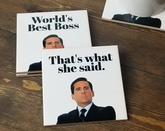 The Office Coasters | Michael Scott - 4 Piece Coaster Set - The Office - Favorite TV Shows - World Best Boss - Drink Coaster - Office Decor