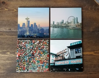 Seattle Coasters | Set of 4 - Space Needle, Ferris Wheel, Seattle Public market, Gum Wall, Seattle gifts, seattle washington, seattle decor