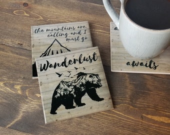 Juego de posavasos de aventura / Juego de 4: la aventura te espera, pasión por los viajes, decoración para acampar, decoración para exteriores, exploración, posavasos con motivos de vida silvestre, decoración de cabañas