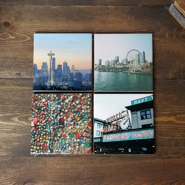 Seattle Coasters | Set of 4 - Space Needle, Ferris Wheel, Seattle Public market, Gum Wall, Seattle gifts, seattle washington, seattle decor