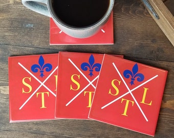 STL Fleur De Lis drink coasters set of 4, St. Louis gifts, home bar decor, Fathers day gift from son, moving away gift, housewarming gift