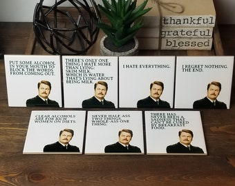 Parks and Recreation Coasters | Ron Swanson - Set of 7 - Fathers Day Gift - Mancave - Popular TV Shows - Drink Coasters - Living Room Decor