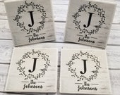 custom monogram coasters, personalized family established gifts, family name decor, unique wedding gift for couple, last name gift